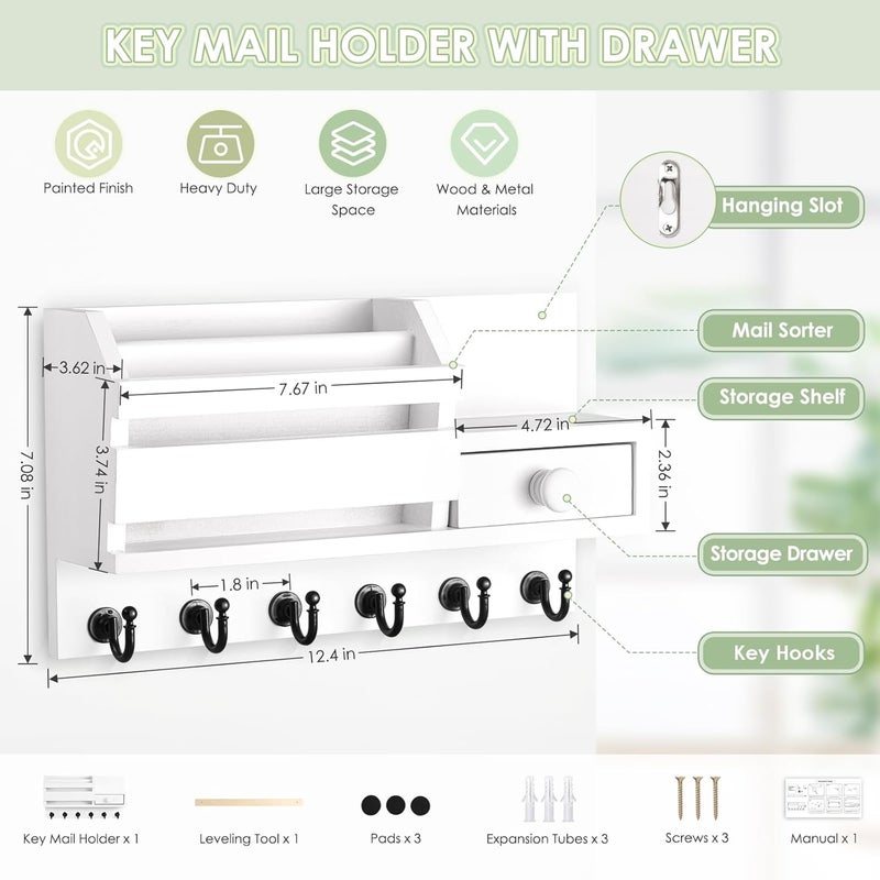 VIS'V Key Holder Wall Mount, Wooden Mail and Key Organizer with Drawer and Shelf, 2 Slots, 6 Hooks, White - Image 3